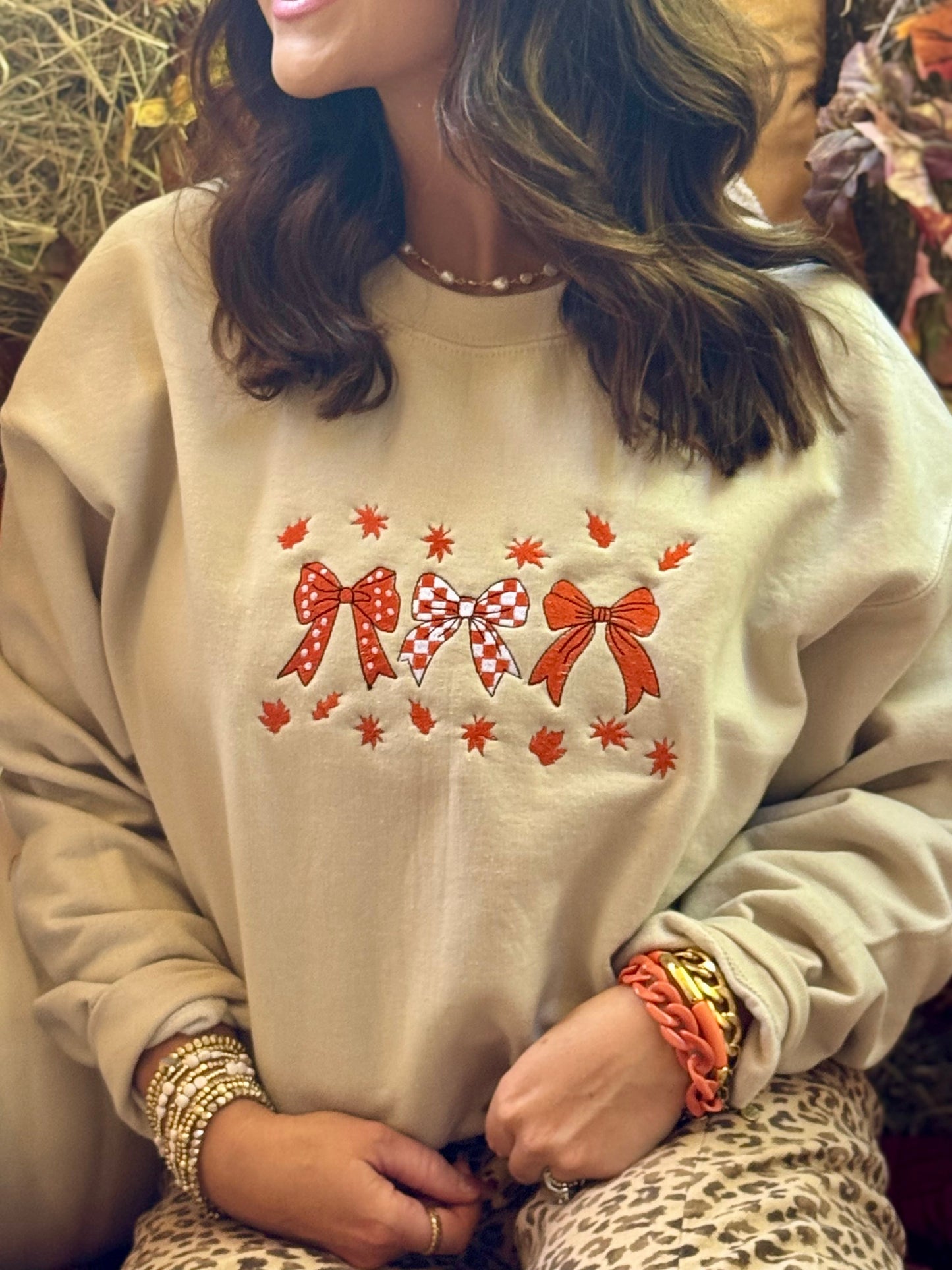 Fall Leaves & Bows Embroidered Sweatshirt