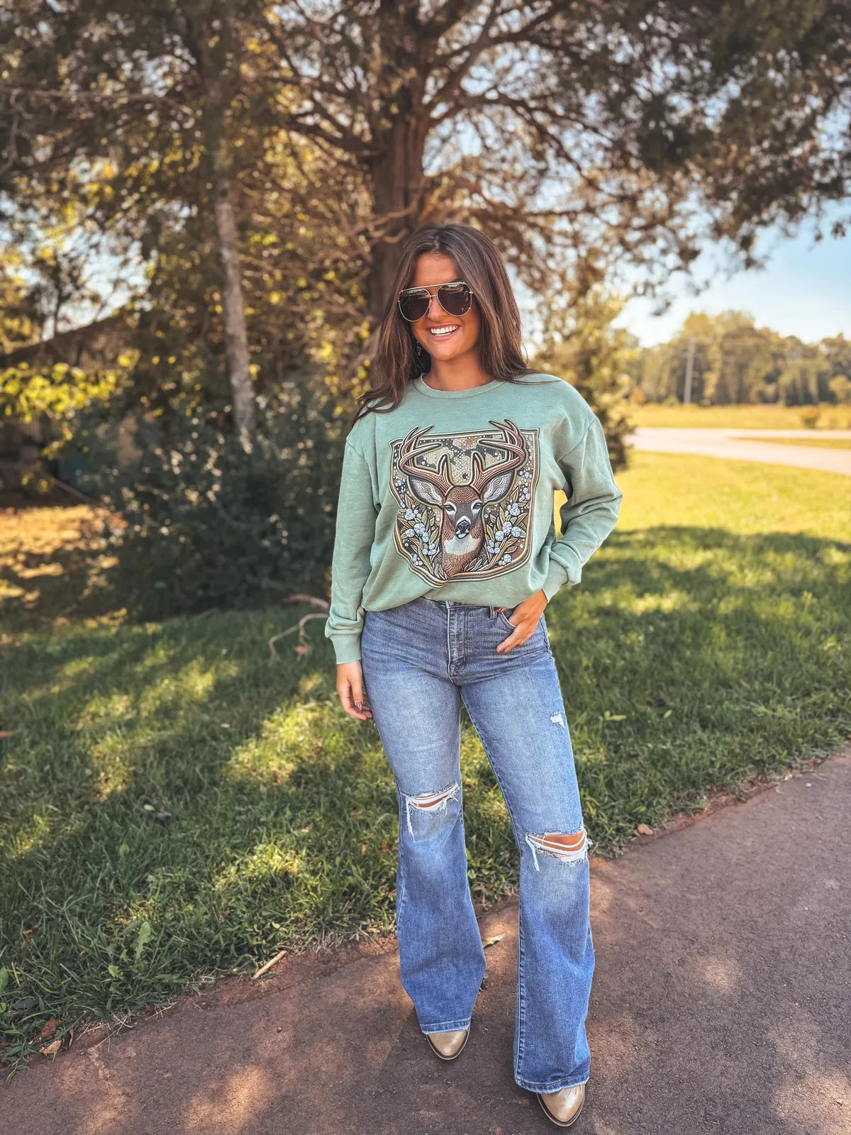 Faux Rhinestone Deer Pullover