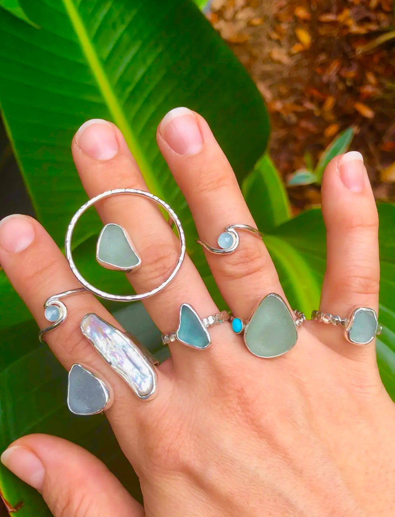 Seaglass and Pearl Cuff Ring