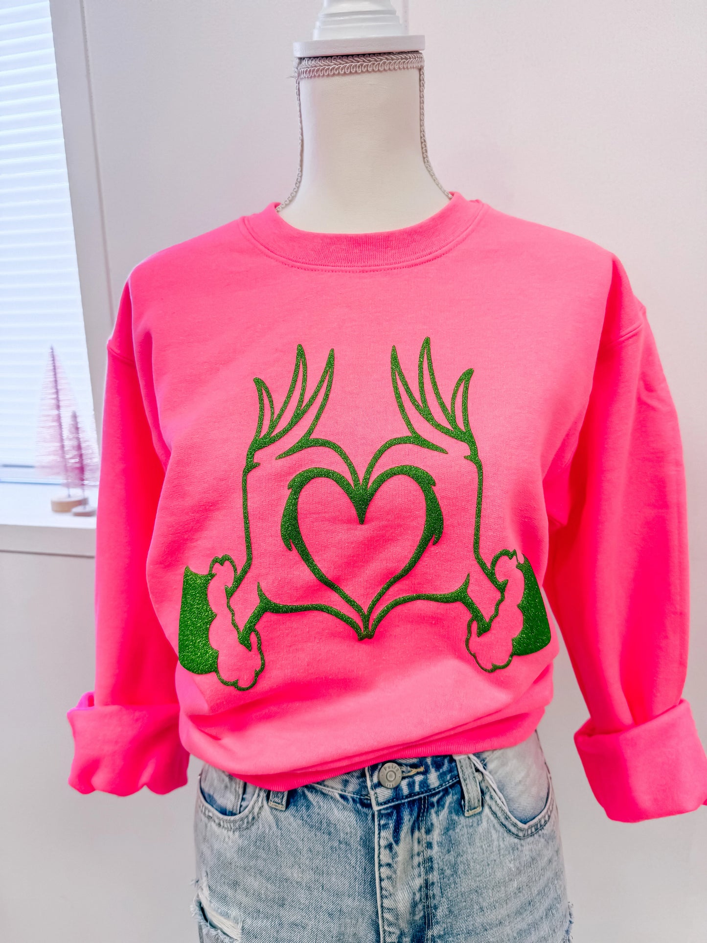 Grinchy Heart Puff Glitter Sweatshirt