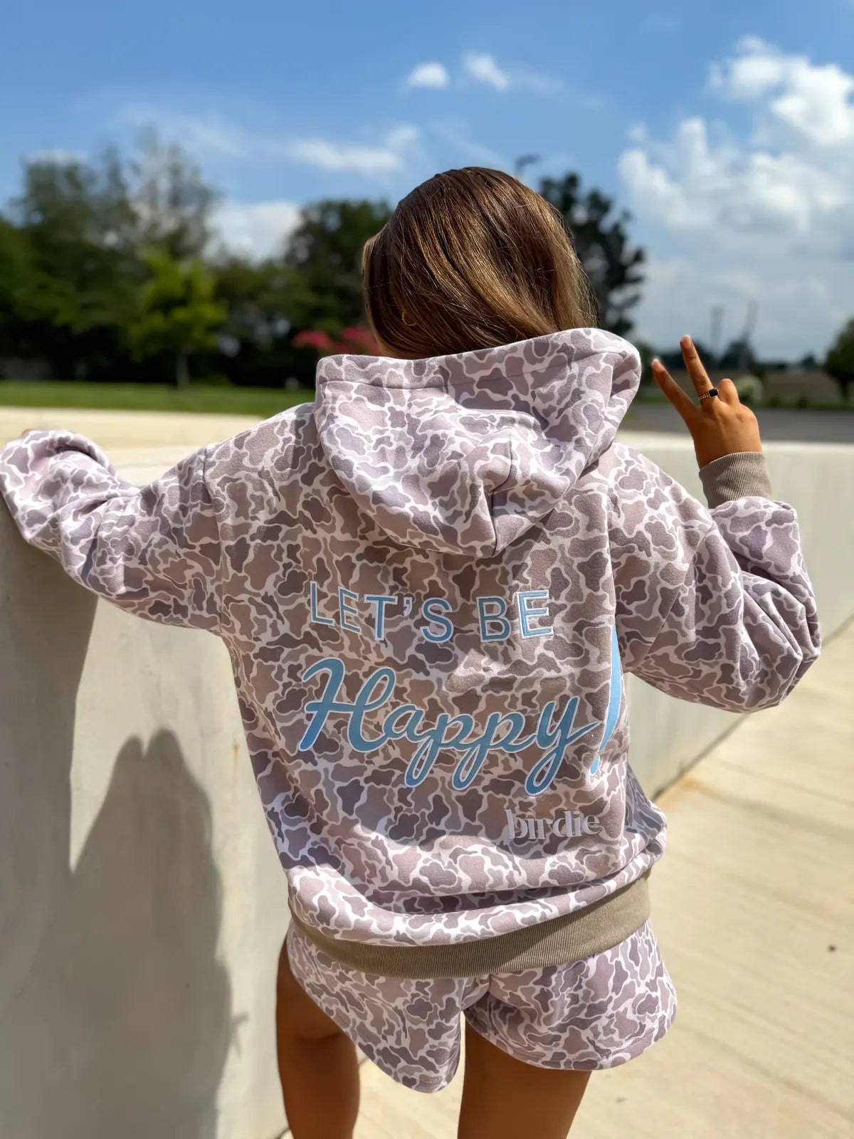 PREORDER Let’s Be Happy Hoodie - Duck Camo