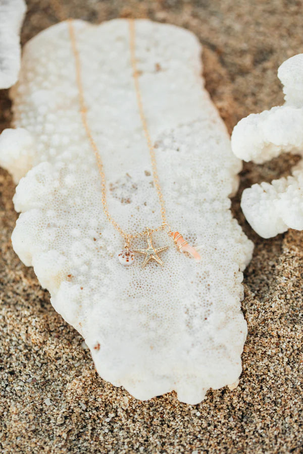 Petite Starfish, Coral + Puka Shell Necklace