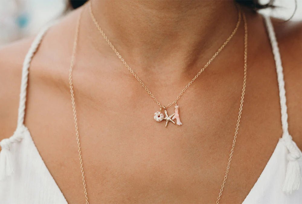 Petite Starfish, Coral + Puka Shell Necklace