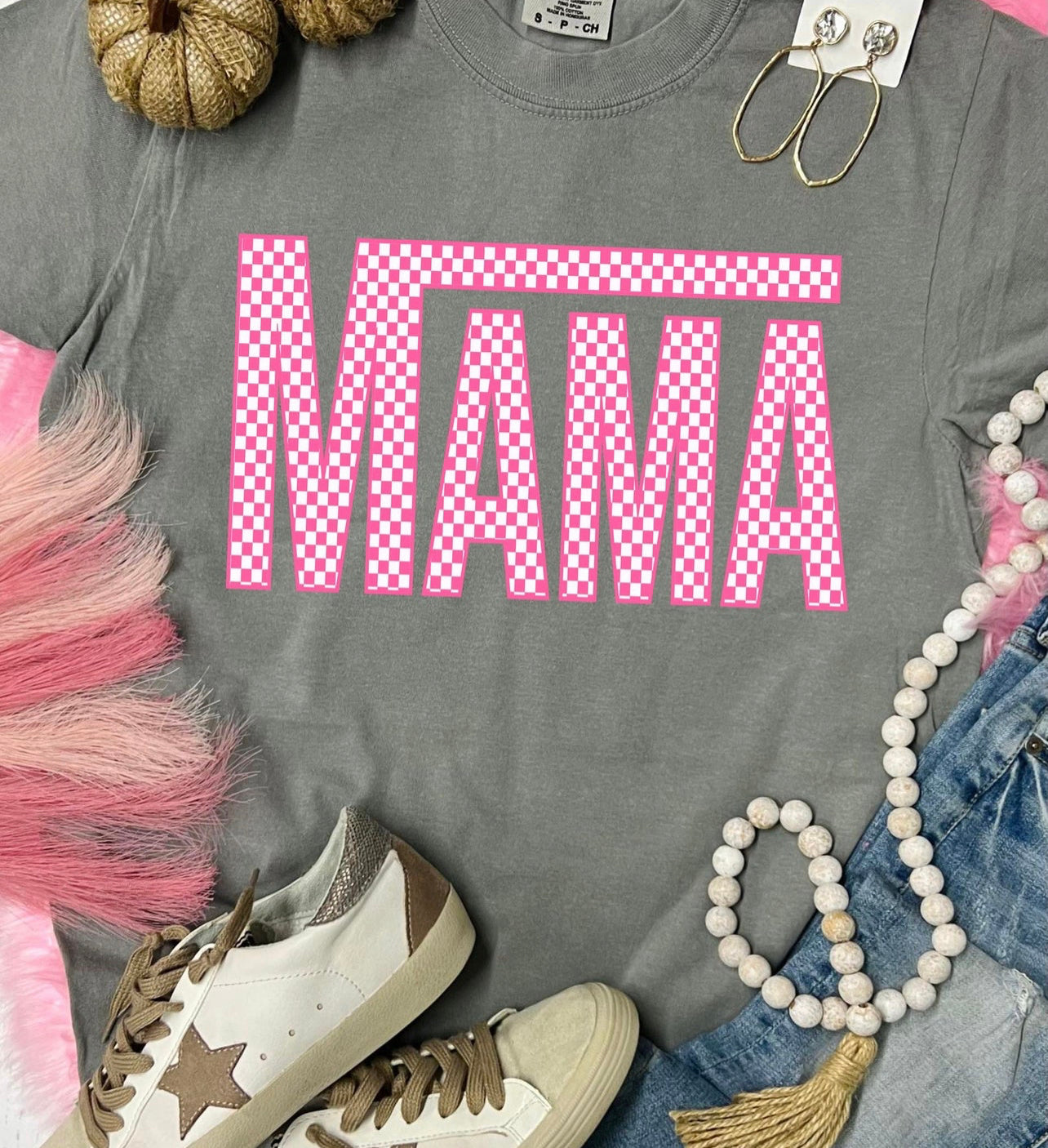 Pink Checkered Mama and Mini Tee