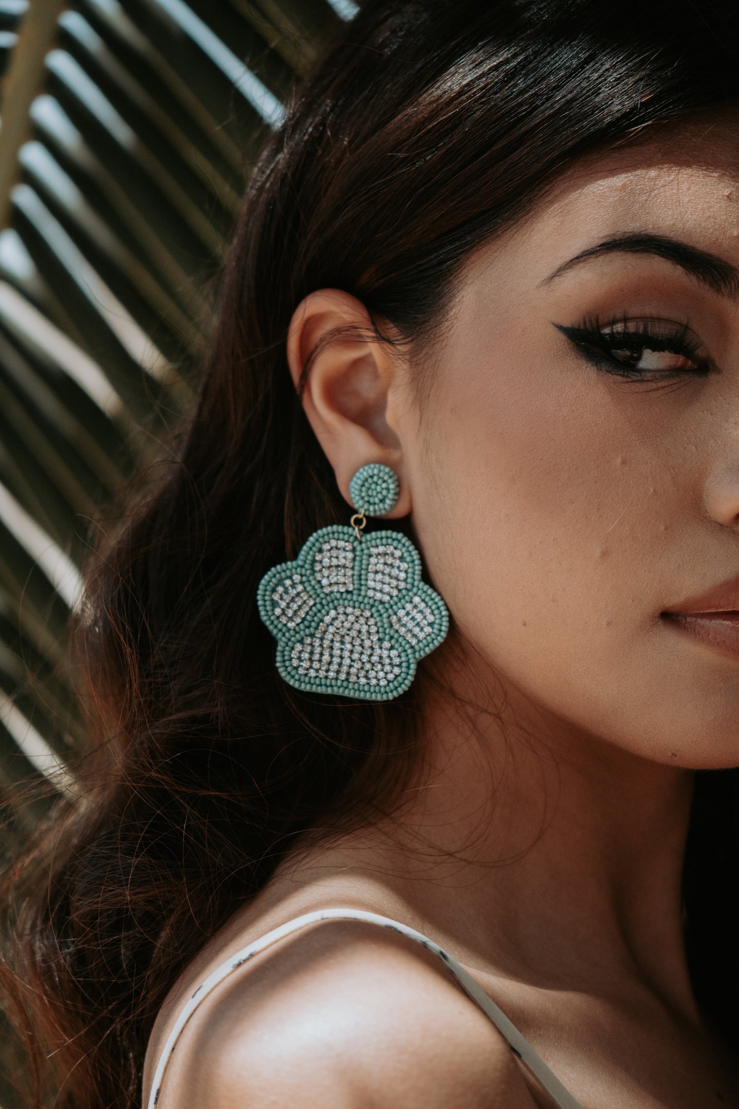 Studded Paw Print Mint Beaded Earrings