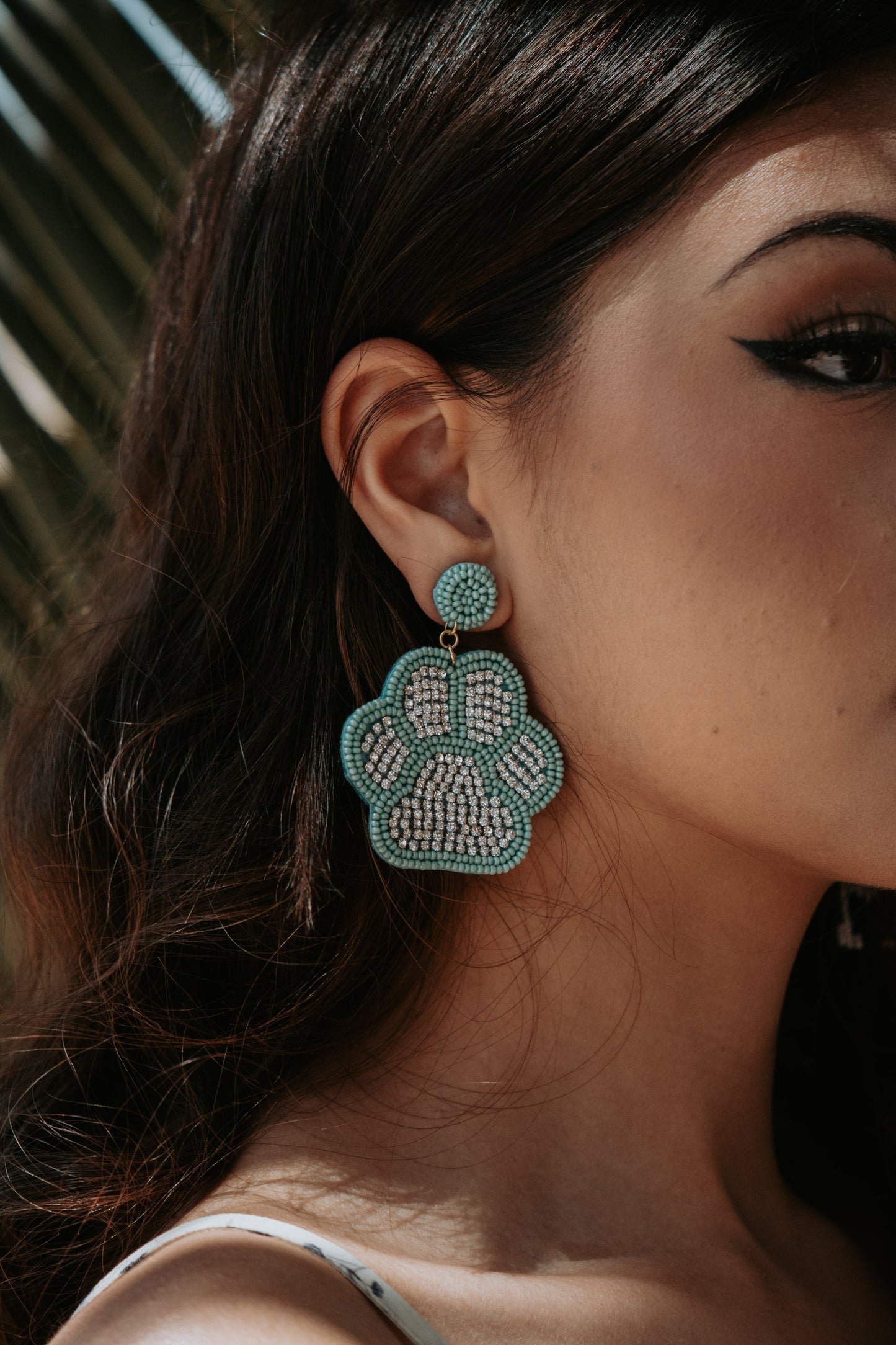 Studded Paw Print Mint Beaded Earrings