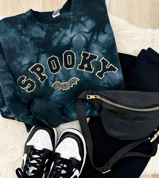 SPOOKY SEQUIN BAT PATCH TIE DYE SWEATSHIRT