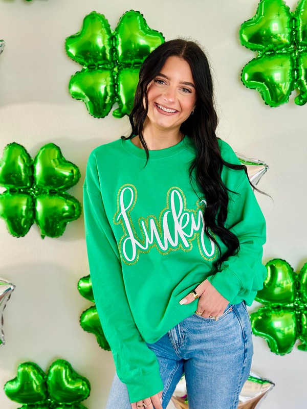 Lucky Cursive Double Puff-Glitter Sweatshirt