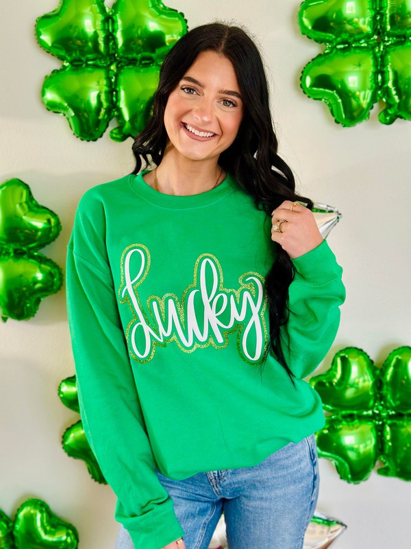 Lucky Cursive Double Puff-Glitter Sweatshirt