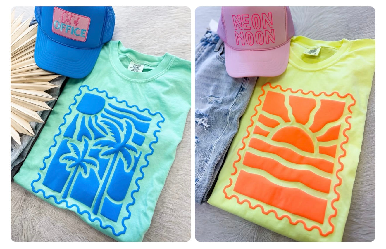 Vacay Postcard Puff Tees