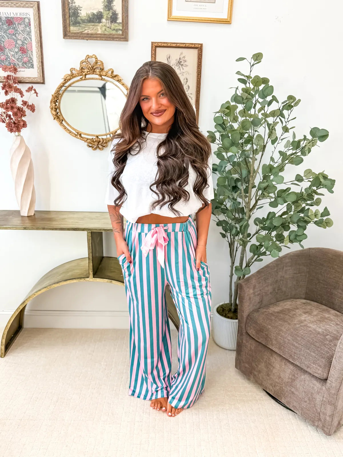 PREORDER Pink & Green Striped Stretchy Lounge Pants