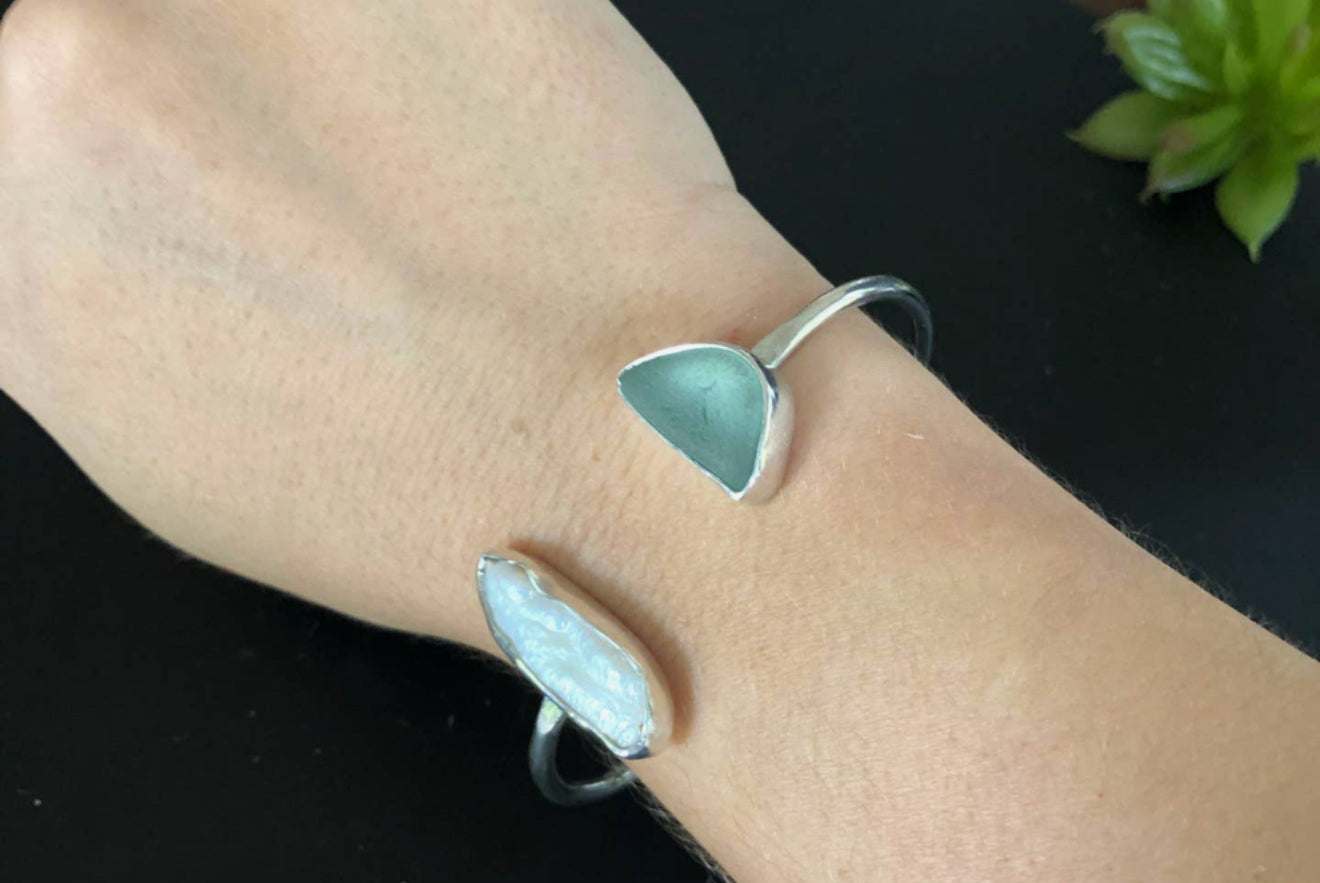 Seaglass and Pearl Cuff Bracelet