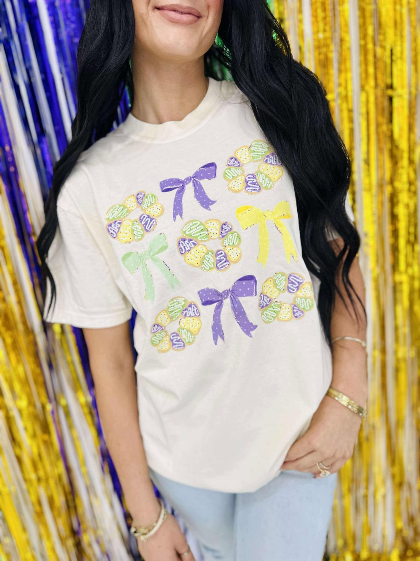 King Cake Bow Check Stack DTF Tee