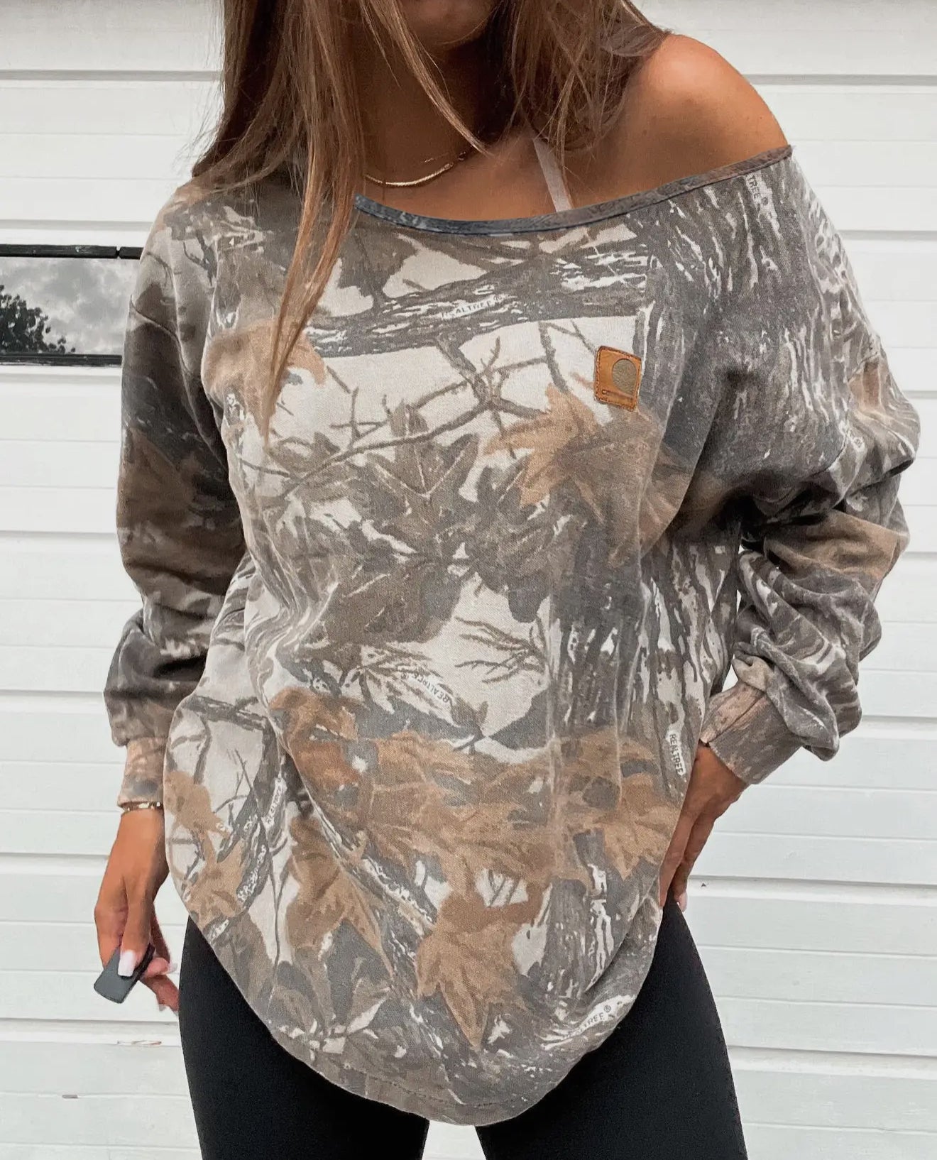 Camo Off the Shoulder Preppy Sweatshirt