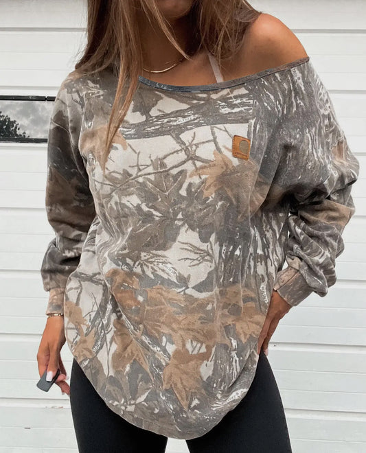 Camo Off the Shoulder Preppy Sweatshirt