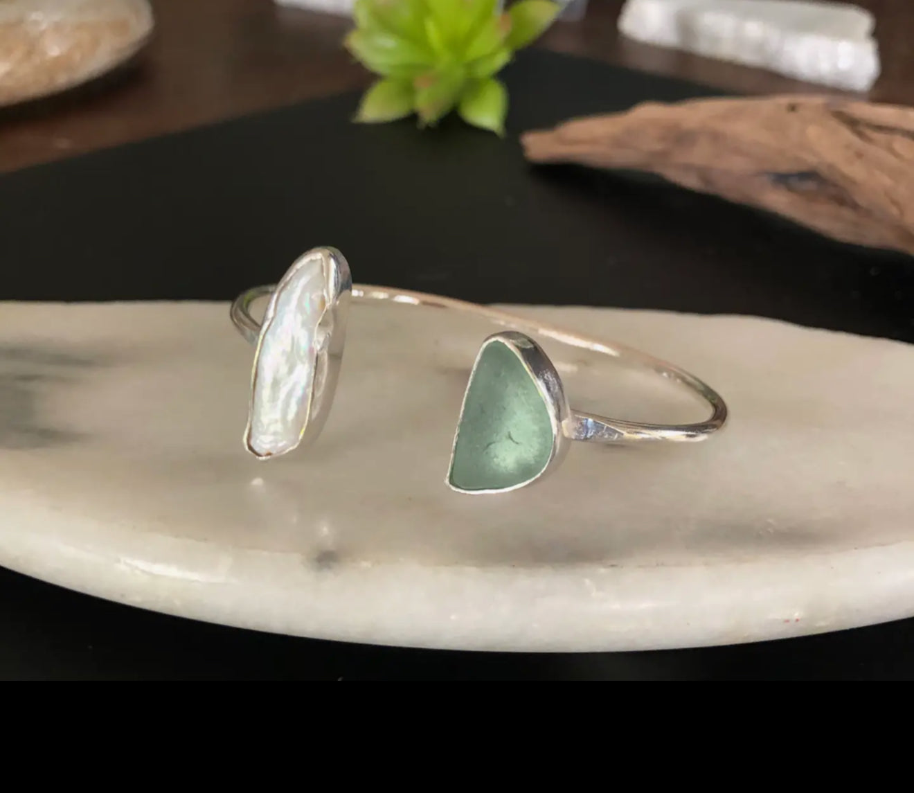 Seaglass and Pearl Cuff Bracelet