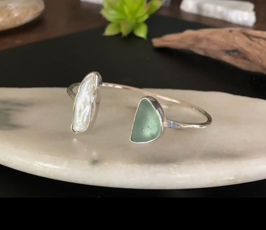 Seaglass and Pearl Cuff Bracelet