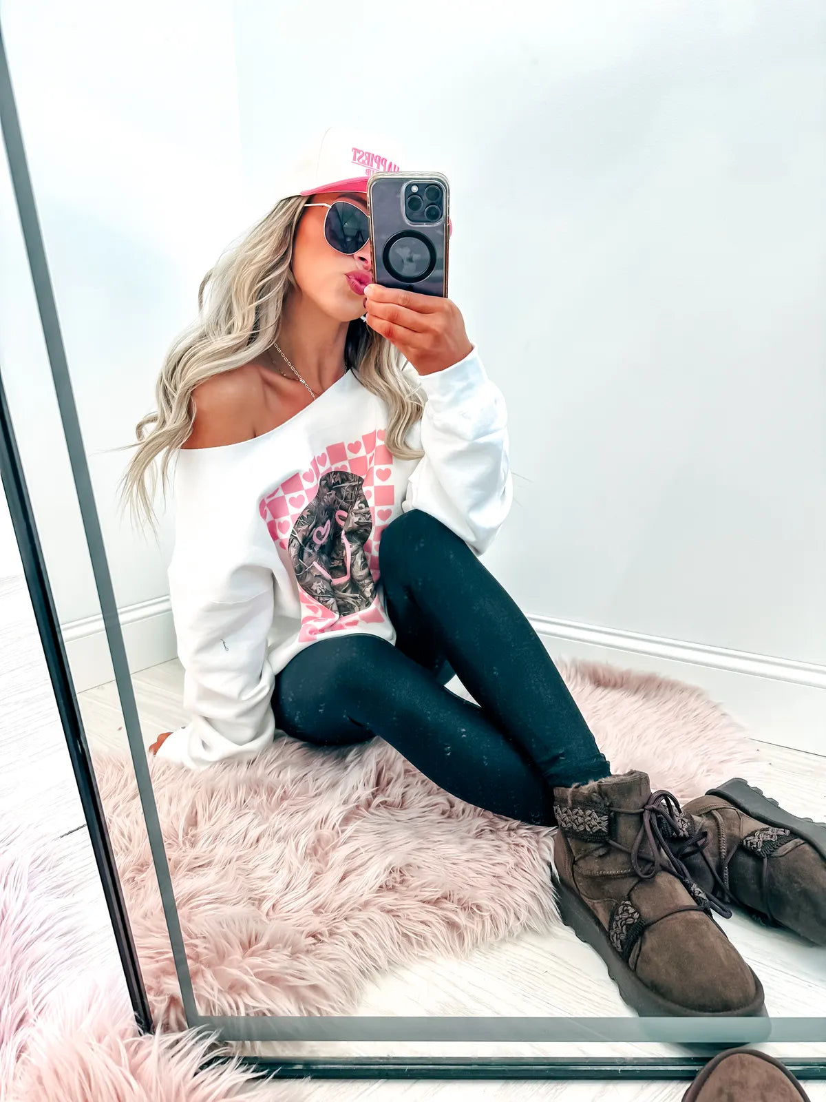 Camo Smiley Off Shoulder Sweatshirt