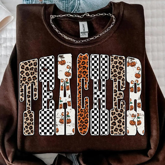 Leopard Checkered Pumpkin Teacher Tee/Sweatshirt