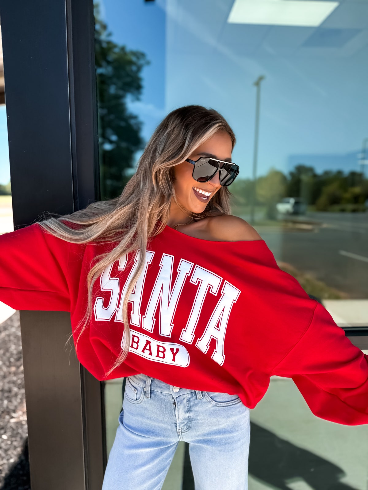 Santa Baby Red Off Shoulder Sweatshirt