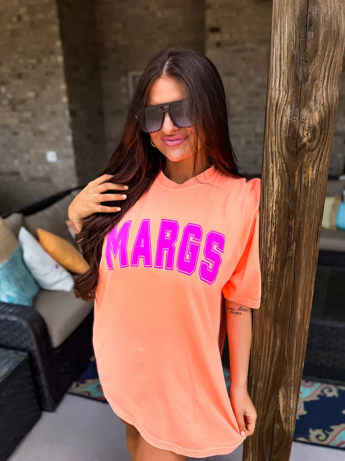Margs Varsity Style Neon Coral Tee