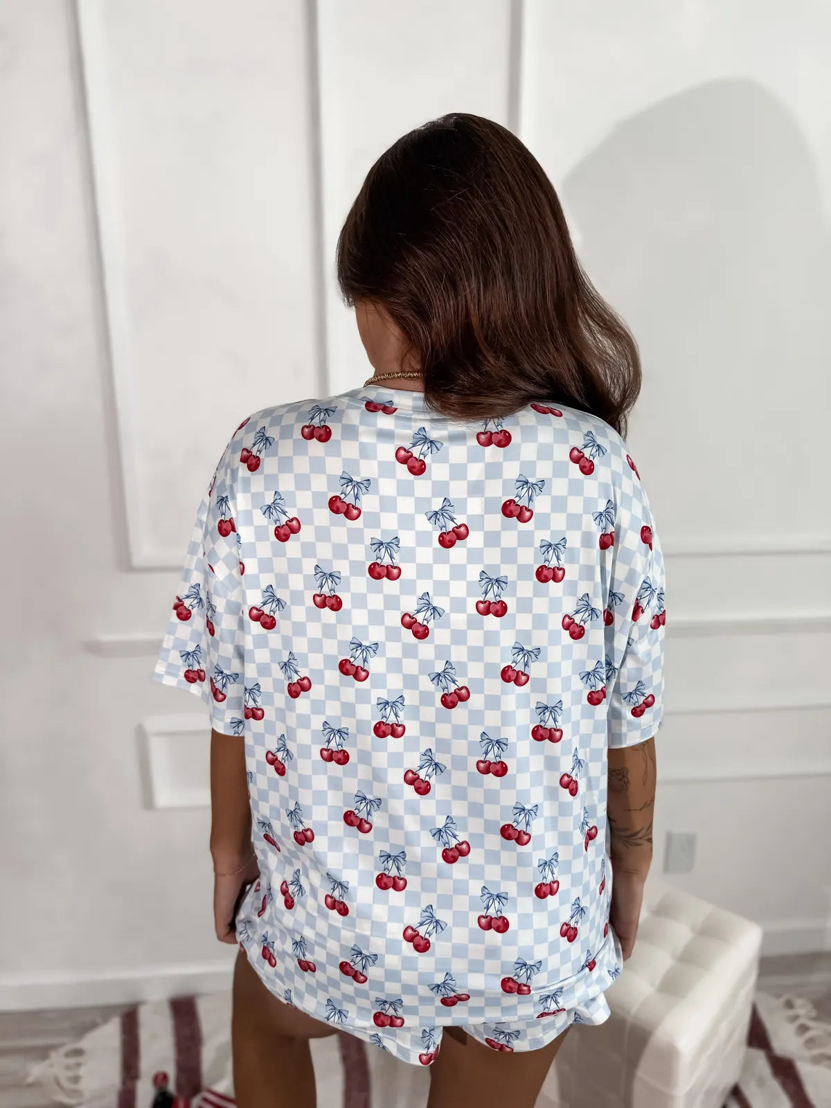 PREORDER Blue Checkered Cherry Boxer Shorts & Tee Set (Sold as Set)