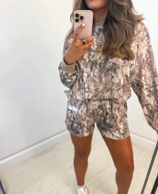 Two Piece Camo Set with Long Sleeve Tee & Shorts