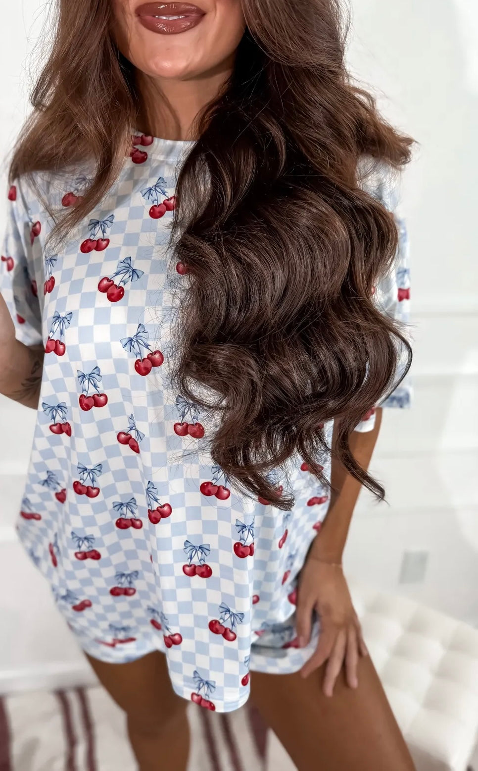PREORDER Blue Checkered Cherry Boxer Shorts & Tee Set (Sold as Set)