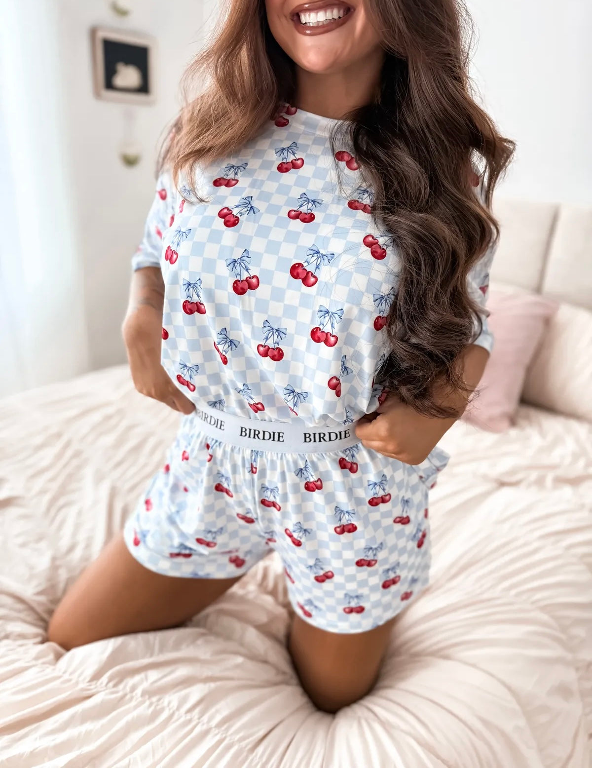 PREORDER Blue Checkered Cherry Boxer Shorts & Tee Set (Sold as Set)