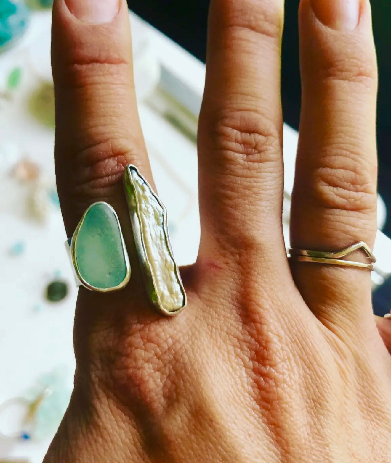 Seaglass and Pearl Cuff Ring