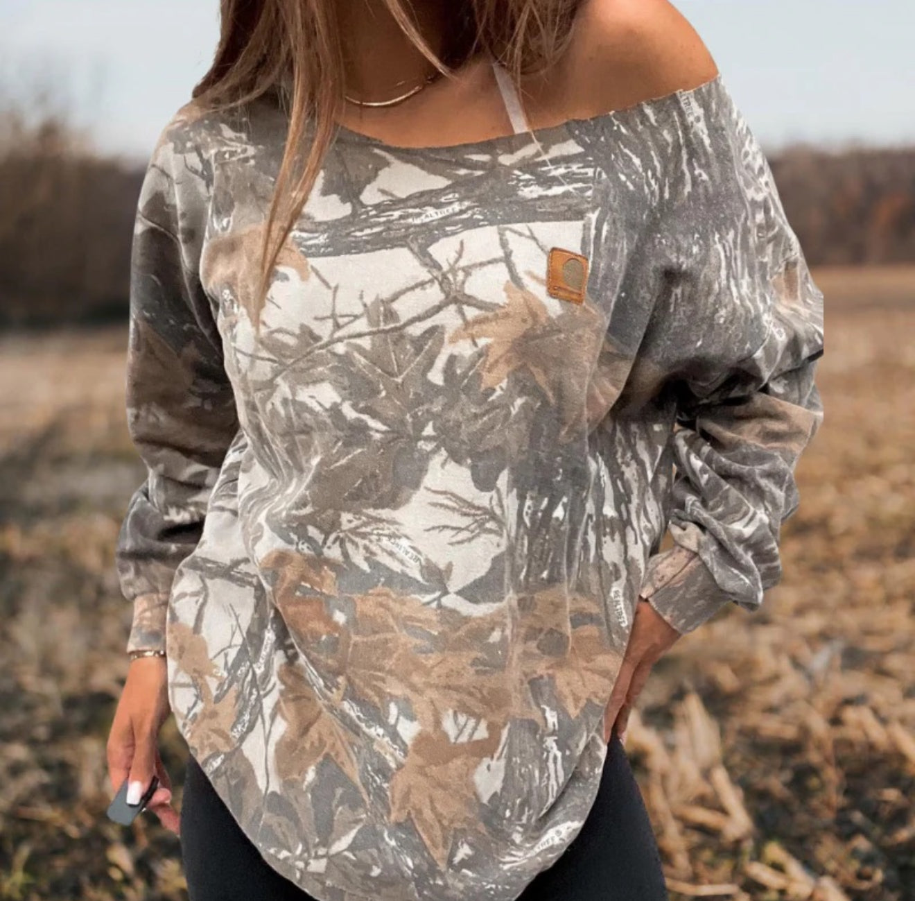 Camo Off the Shoulder Preppy Sweatshirt