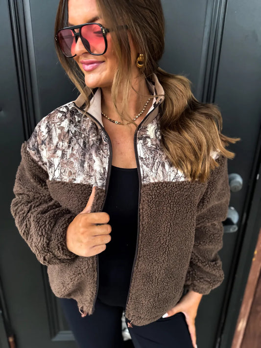 PREORDER Dark Brown Camo Sherpa Jacket