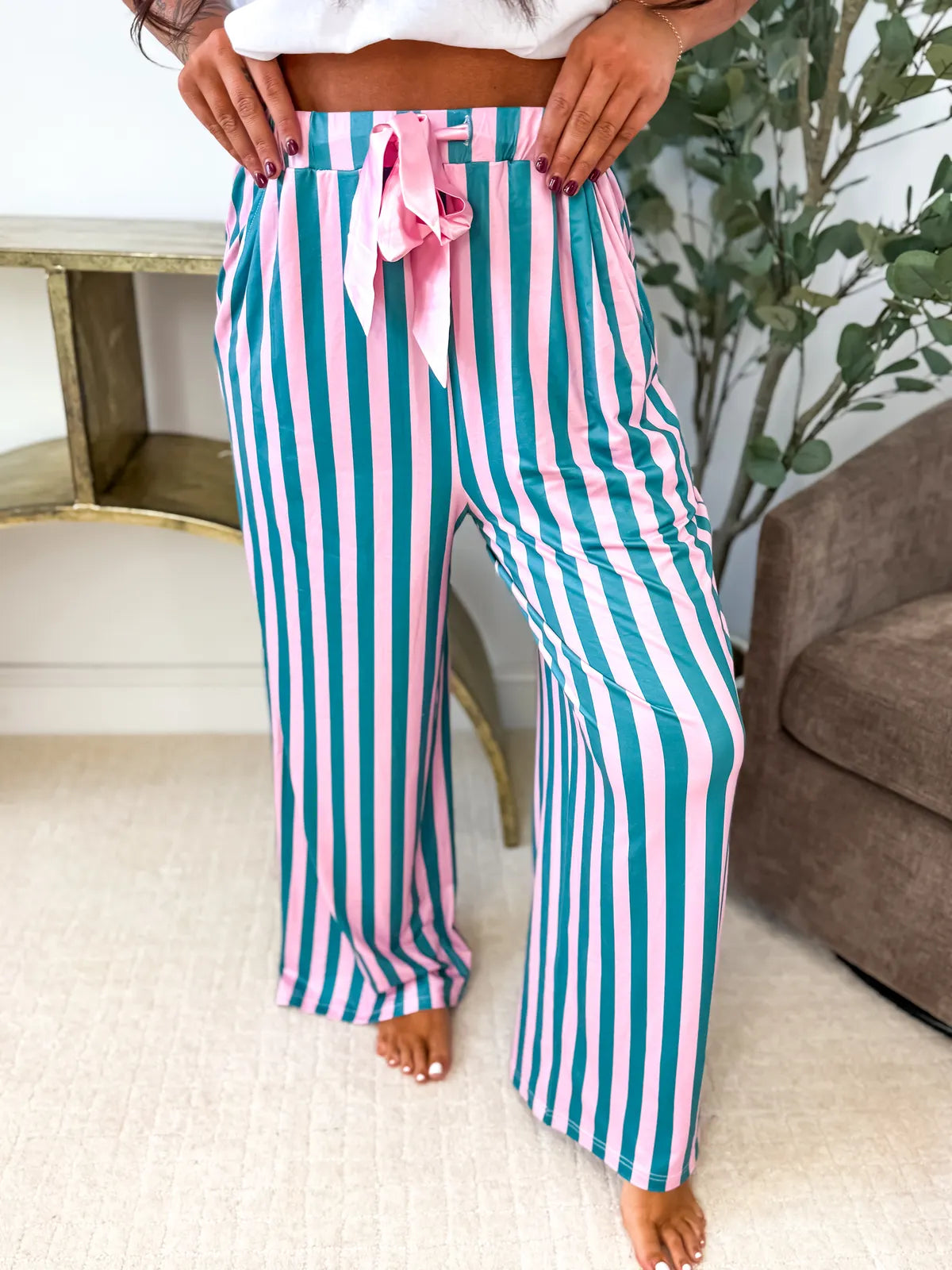 PREORDER Pink & Green Striped Stretchy Lounge Pants