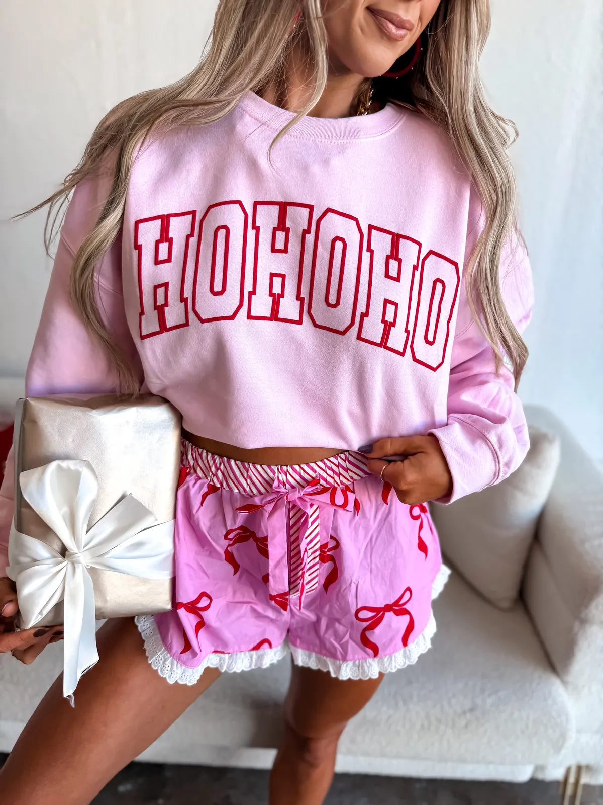 Ho Ho Ho Baby Pink Cropped Crew