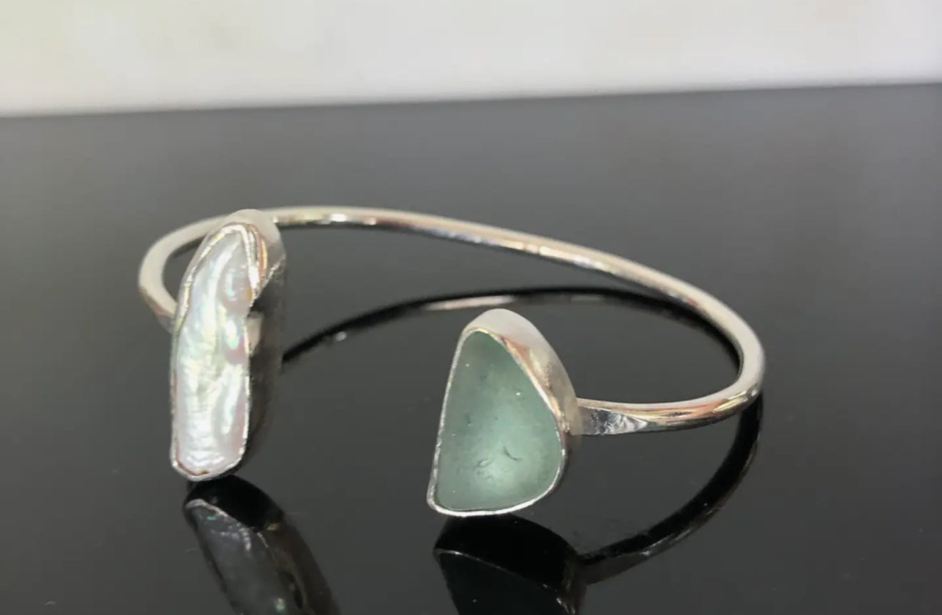 Seaglass and Pearl Cuff Bracelet