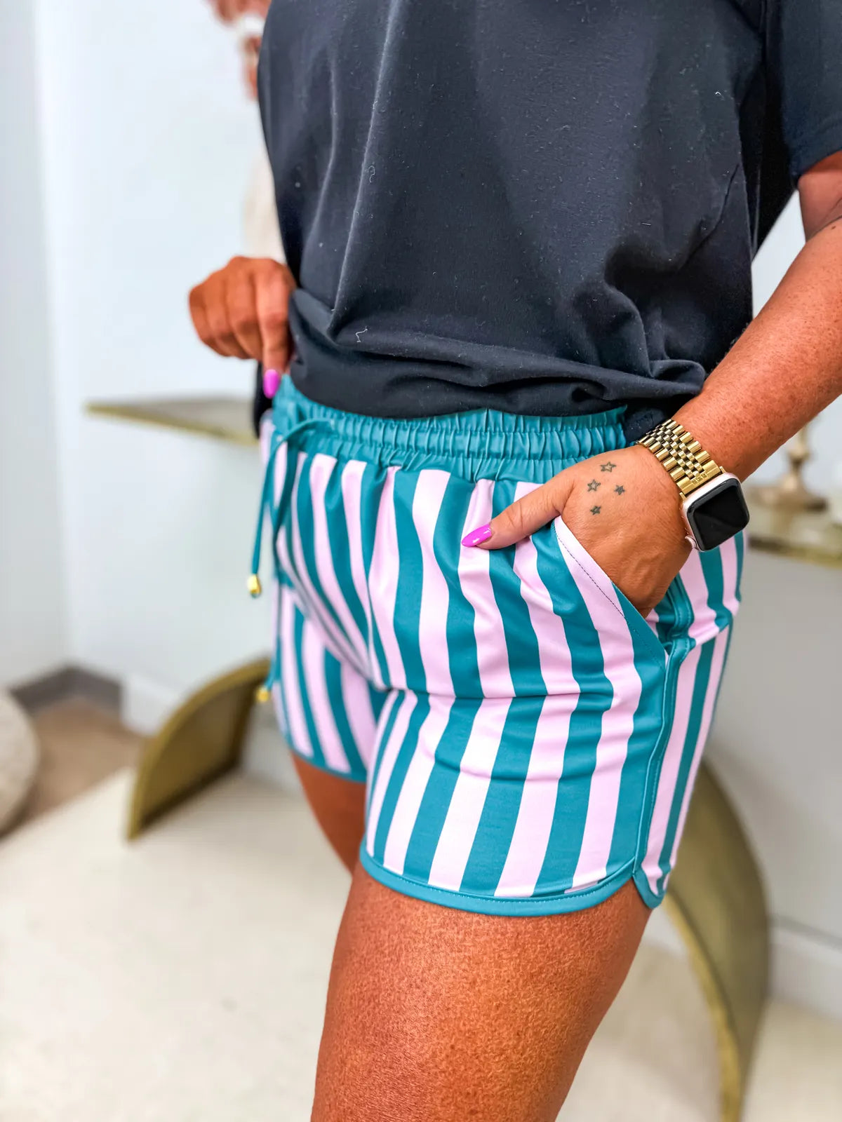 PREORDER Pink & Green Striped Active Shorts
