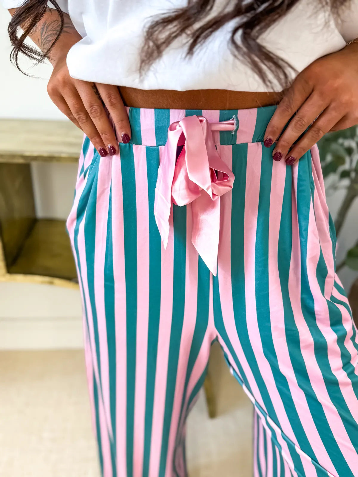 PREORDER Pink & Green Striped Stretchy Lounge Pants