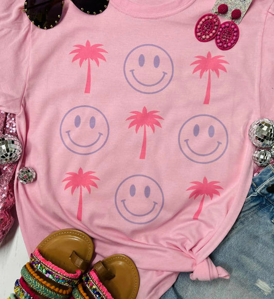 Smiley Palm Tree Baby Pink Tee