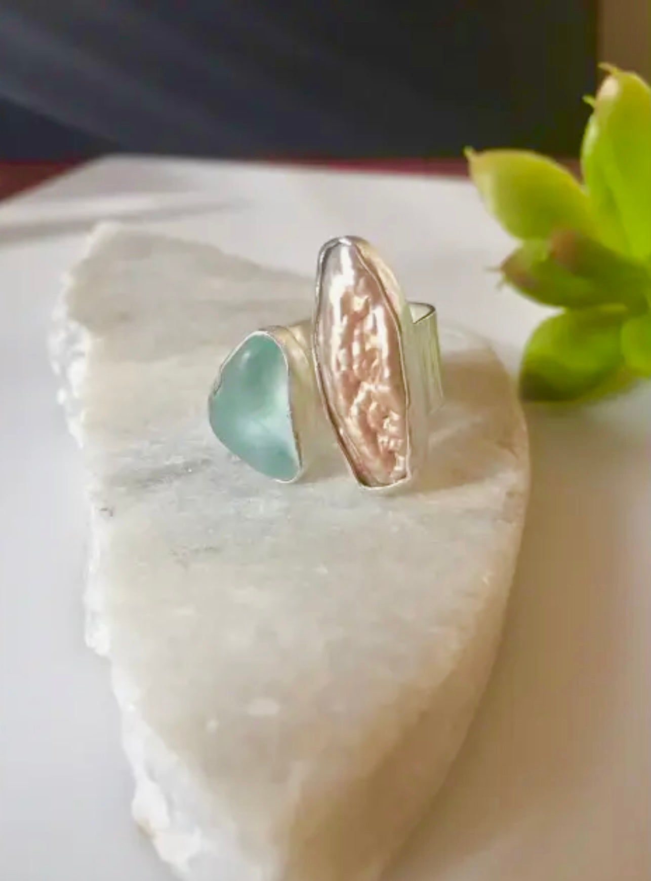 Seaglass and Pearl Cuff Ring