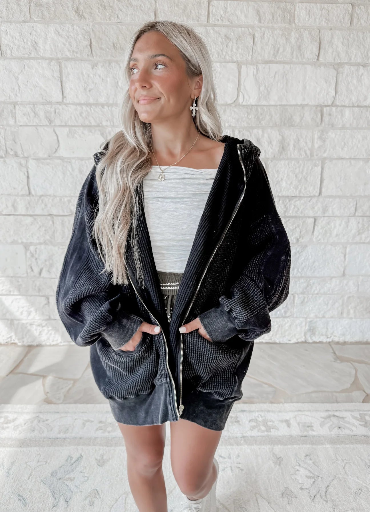 Charcoal Black Waffle Zip Up Jacket