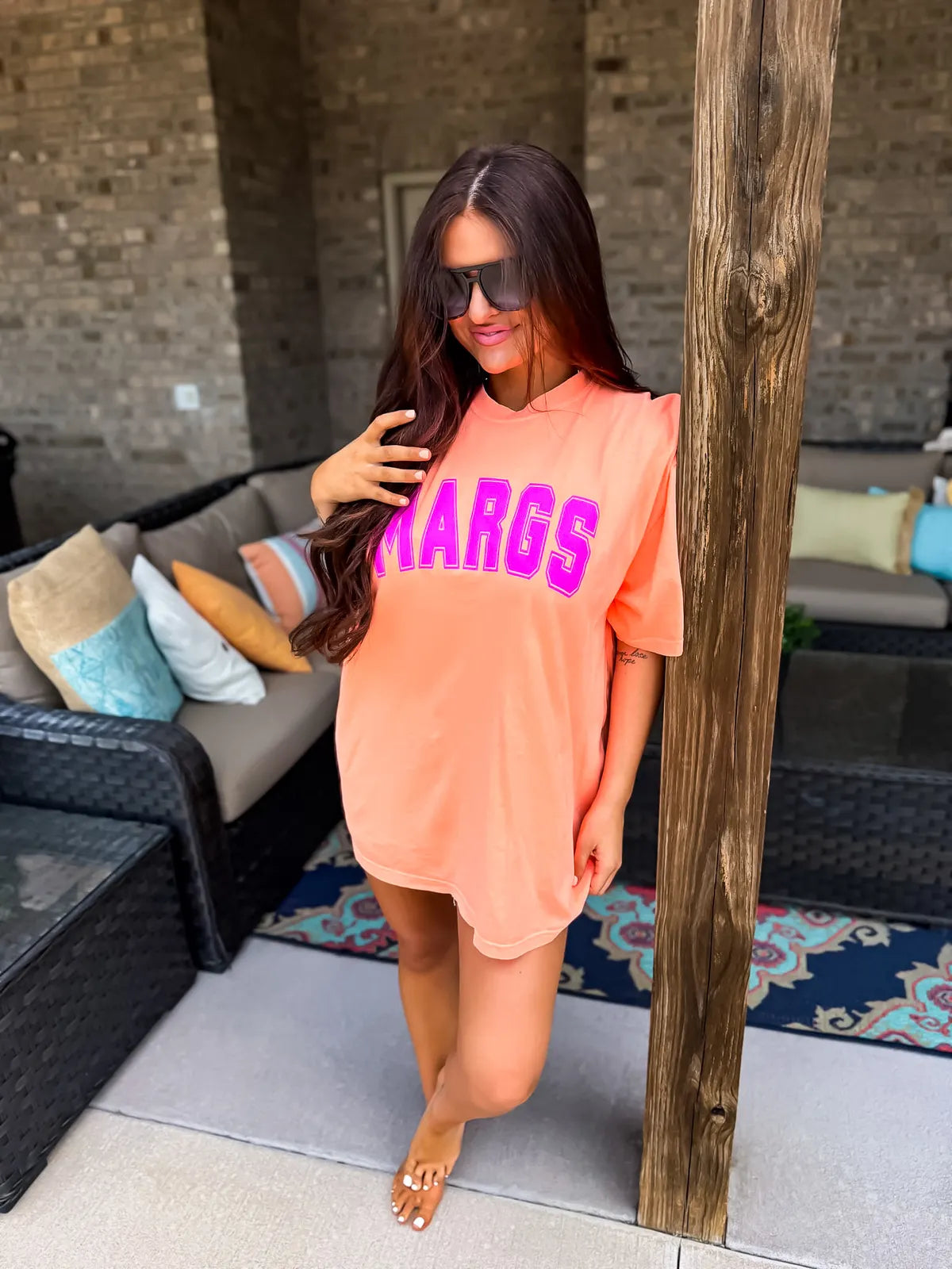 Margs Varsity Style Neon Coral Tee