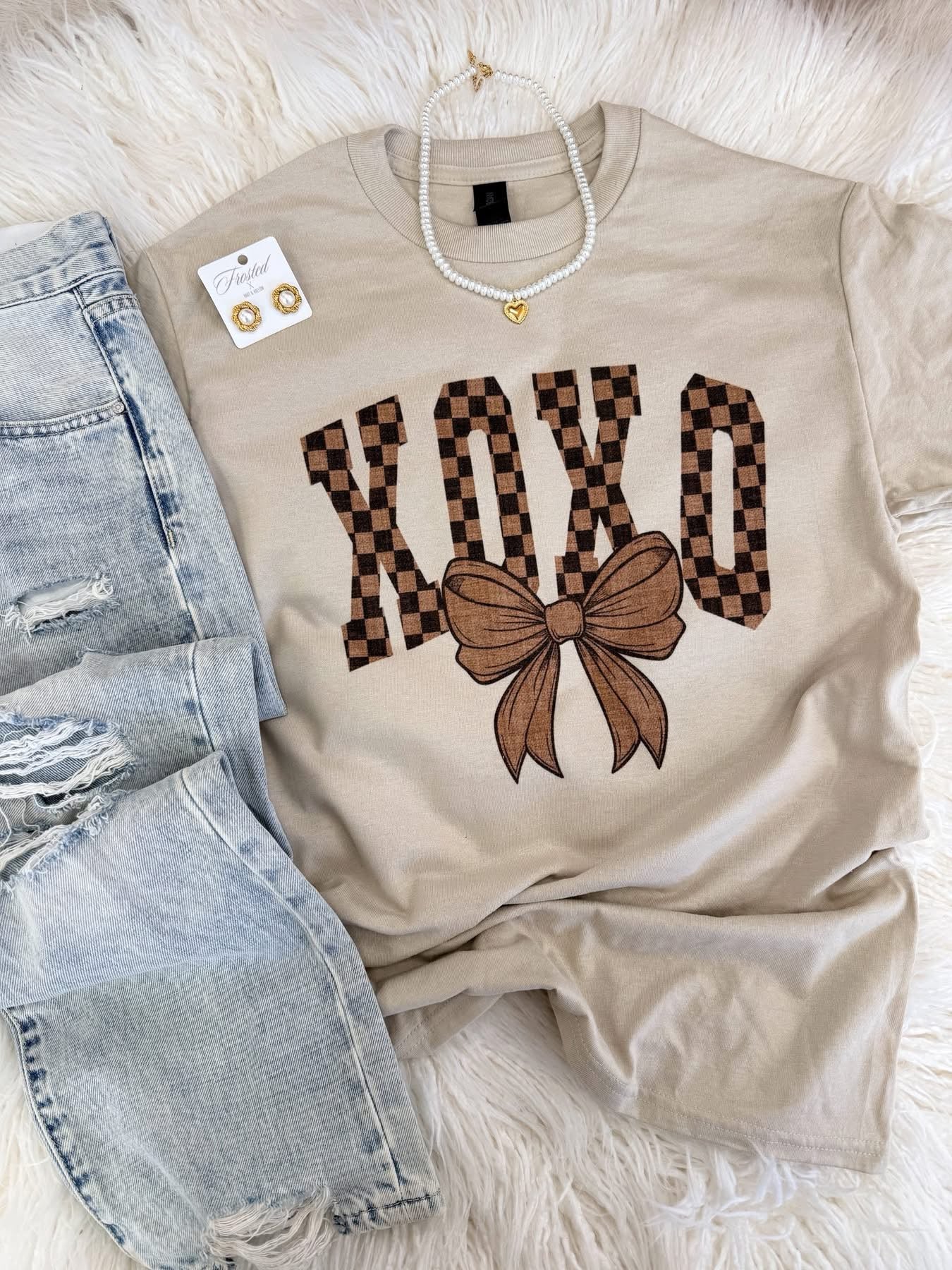 XOXO Checkered Bow Tee/Sweatshirt