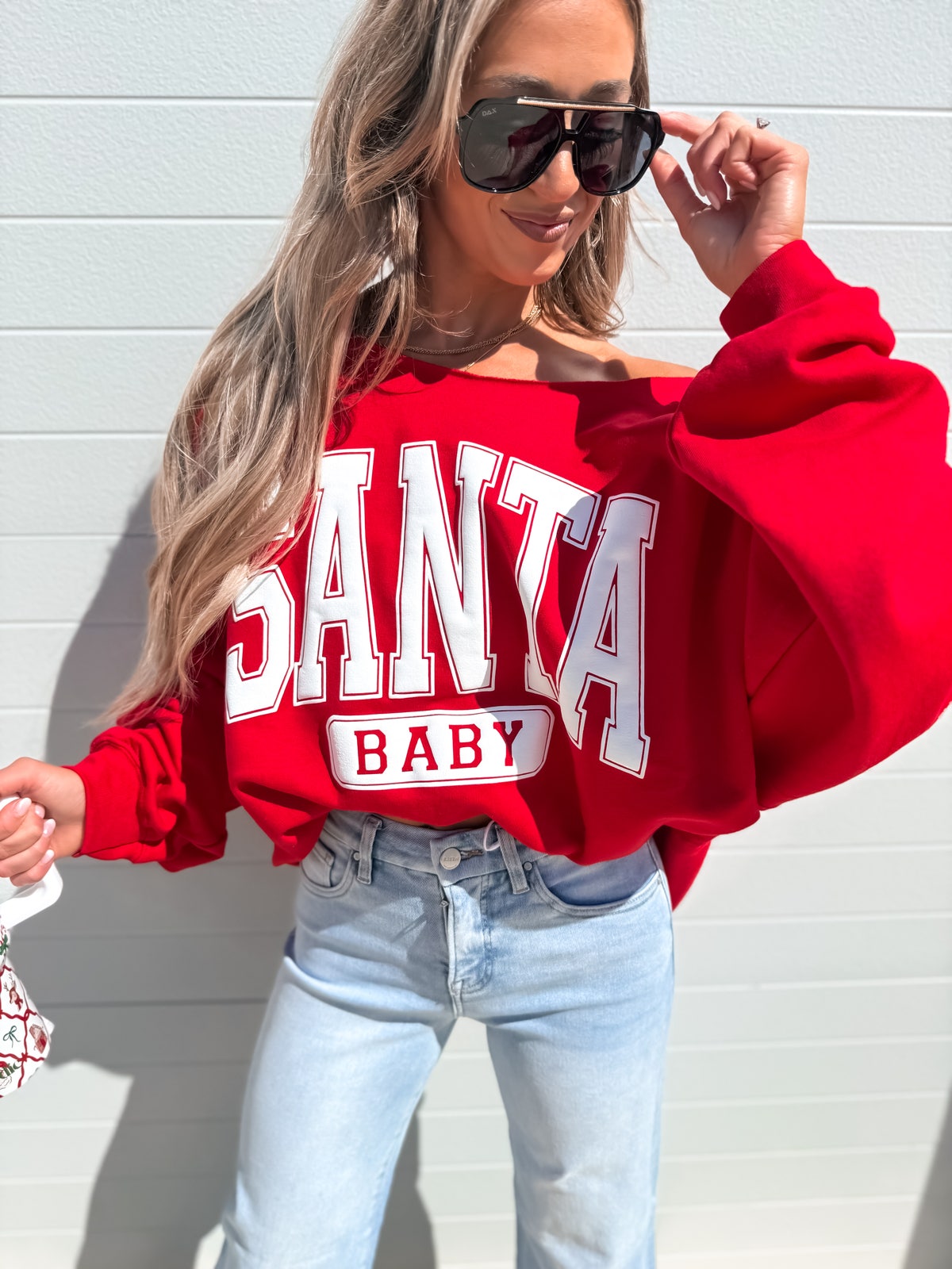 Santa Baby Red Off Shoulder Sweatshirt
