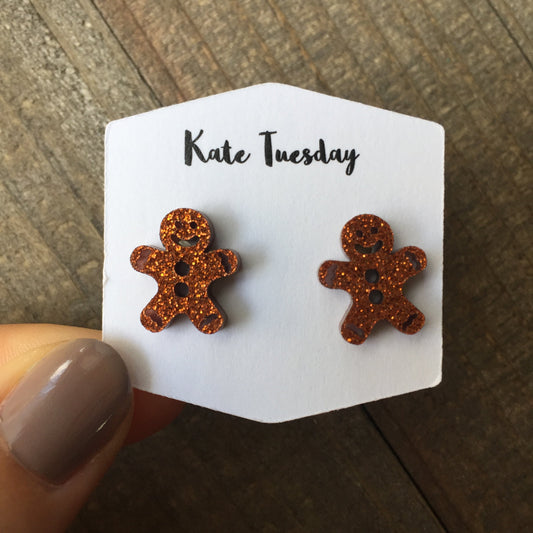 Rose Gold Sparkly Ginger Bread Man Stud Acrylic Earrings