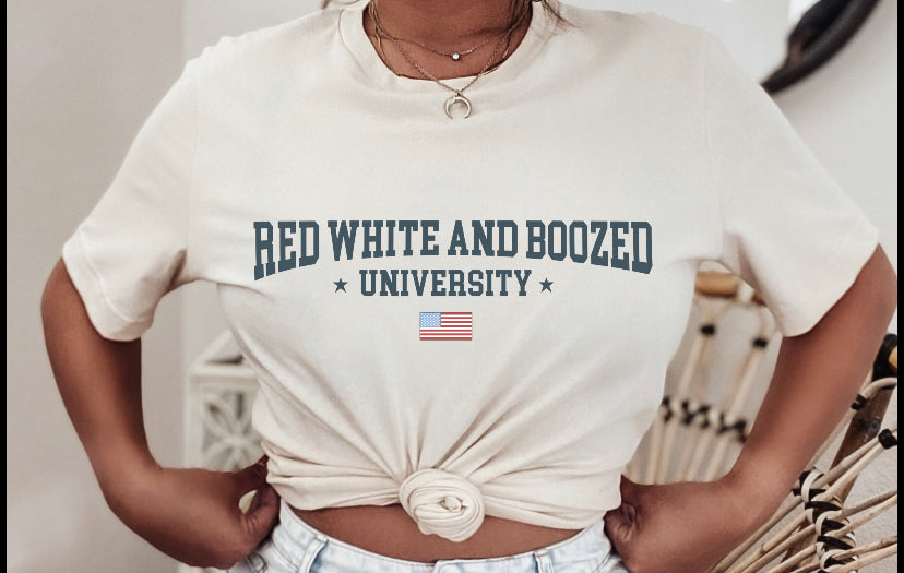 Red, white, and boozed university tee