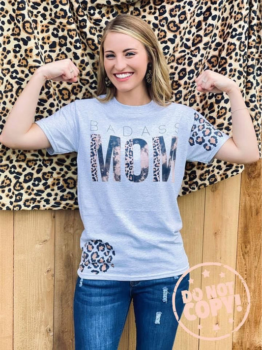 Bad Ass Mama Grey Tee with Leopard Spots