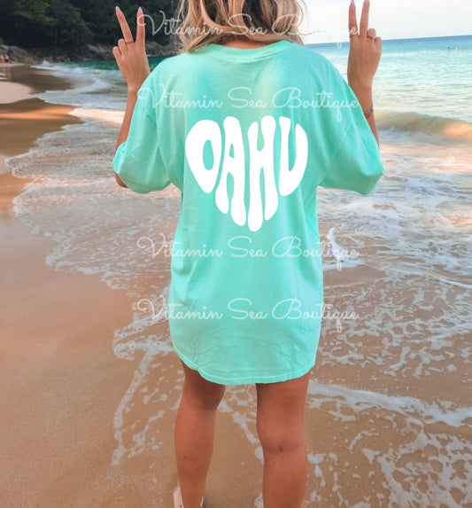 Oahu Heart Teal / White Tee