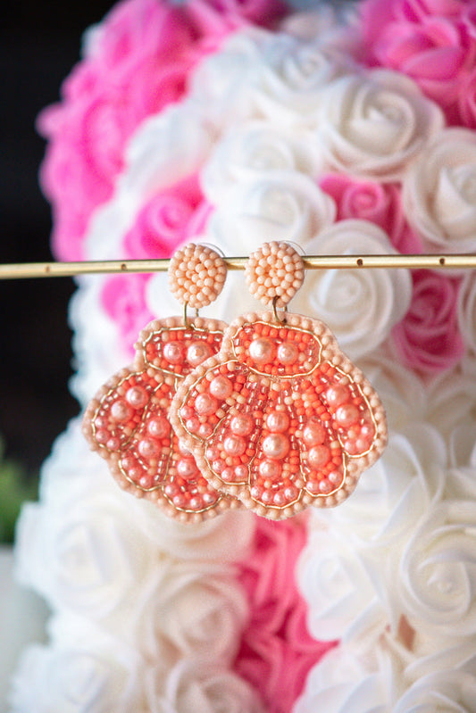 Peach Pink Conch Shell Seed Bead Drop Earrings