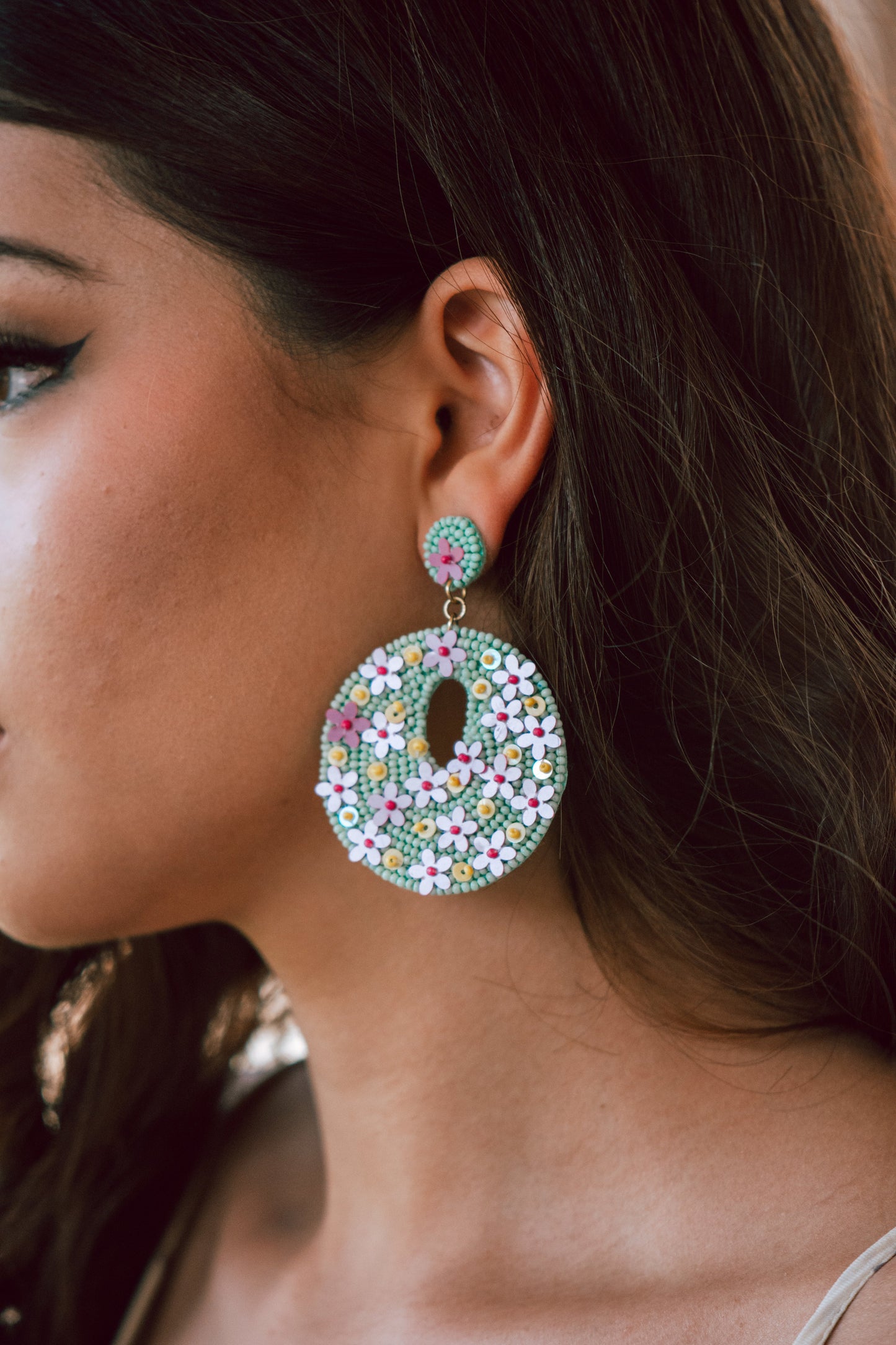 Penny Seed Beaded Floral Post Earrings in Mint