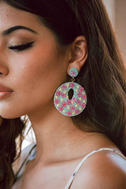 Penny Seed Beaded Floral Post Earrings in Mint